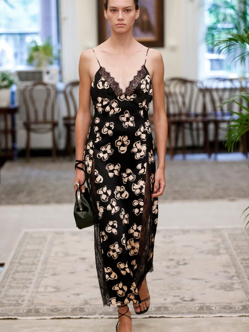 Buy Marina Moscone Lace-trim Floral-print Satin Slip Dress Black Print online - shop best Marina Moscone clothing sales