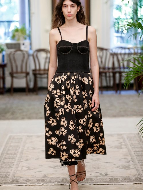 Marina Moscone Shirred-bodice Floral-print Dress Black Print - 60% Off Sale