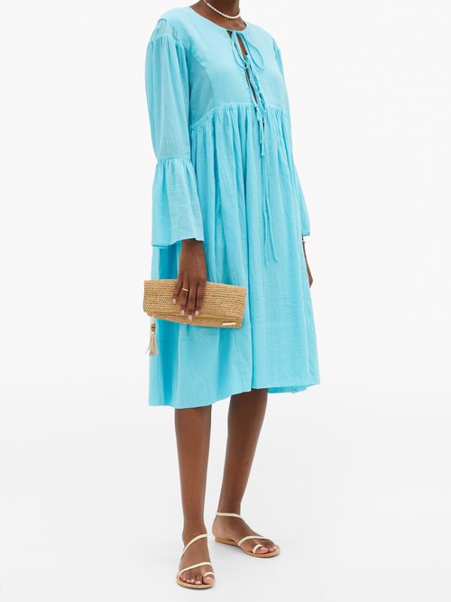 Loup Charmant Minerva Bell-sleeve Organic-cotton Dress Blue