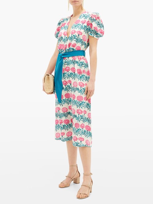 Buy Adriana Degreas Puff-sleeve Belted Floral-print Silk Midi Dress Pink Print online - shop best Adriana Degreas clothing sales