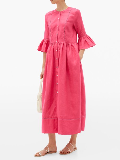 Solid & Striped Ruffled-cuff Linen Midi Shirt Dress Pink