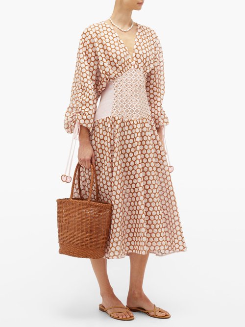 My Beachy Side Ruched-sleeve Broderie-anglaise Cotton Midi Dress Light Pink