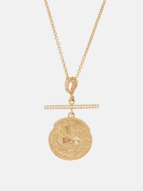 AZLEE Pegasus Bar Diamond & 18kt Gold Coin Necklace