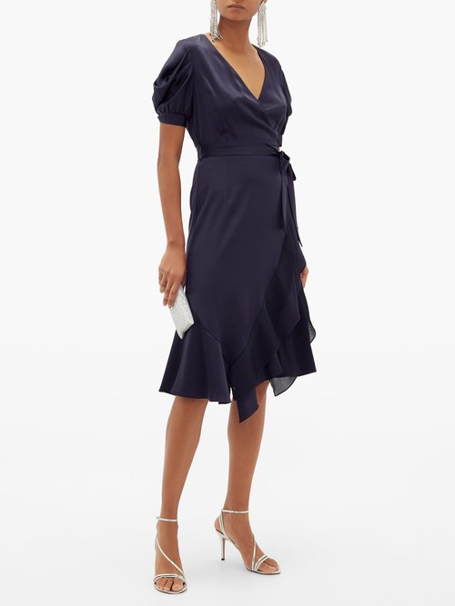 Diane Von Furstenberg Ansley Waist-tie Satin Wrap Dress Navy - 50% Off Sale