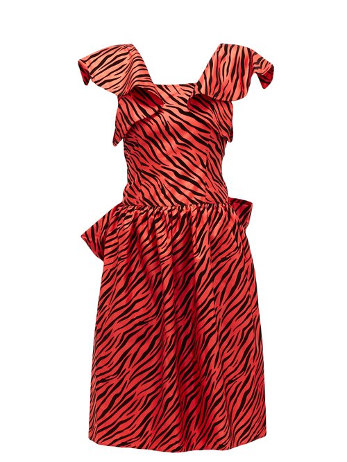 Batsheva - Flocked Zebra-print Satin Dress Red