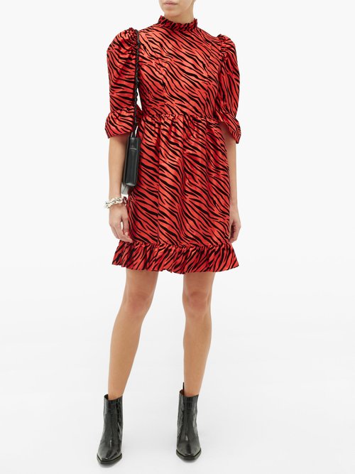 Batsheva Kate Zebra-flocked Taffeta Mini Dress Red - 70% Off Sale