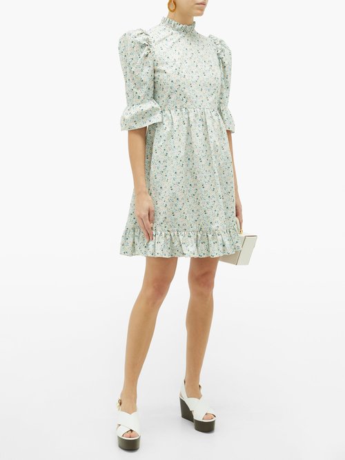 Batsheva Kate Ruffled Floral-print Cotton Mini Dress Blue Multi - 50% Off Sale