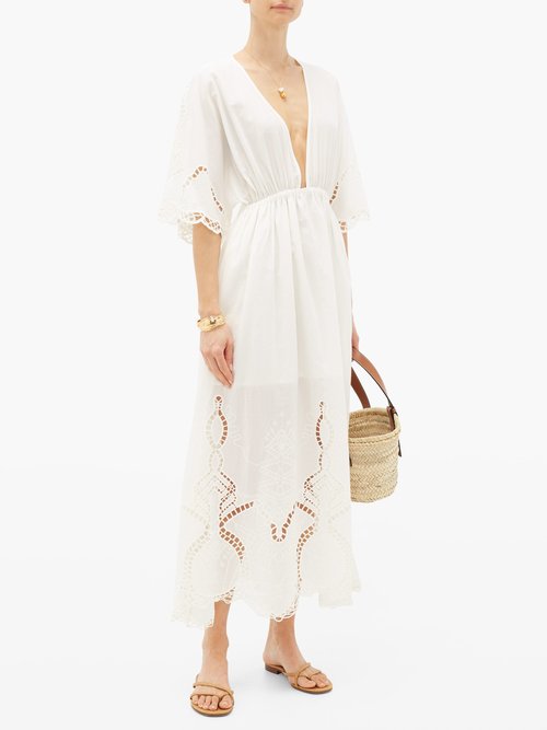 Buy Rhode Liam Plunge-neck Broderie-anglaise Cotton Dress White online - shop best RHODE clothing sales