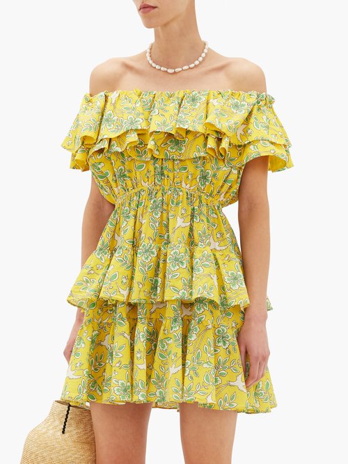 Rhode Dotty Off-the-shoulder Floral-print Cotton Dress Yellow Print