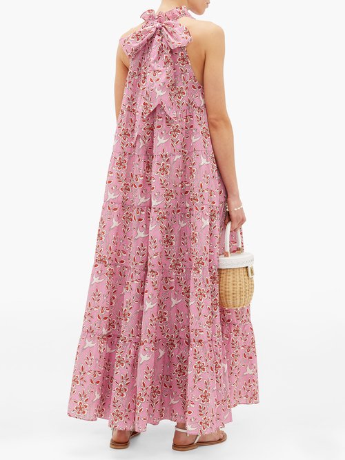 Rhode Julia High-neck Tiered Floral-print Cotton Dress Pink Print