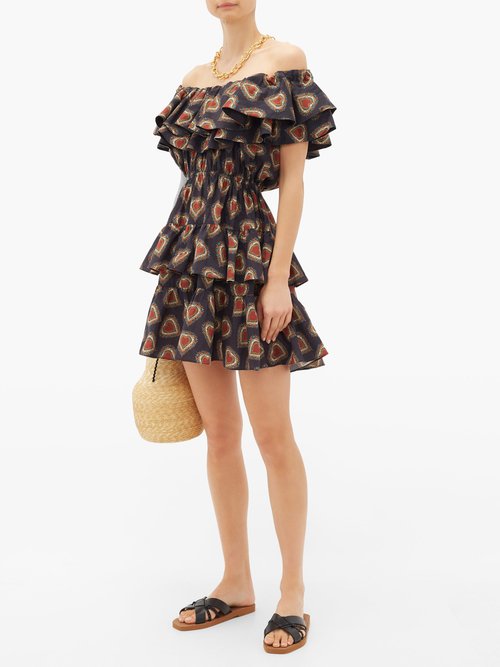 Rhode Dotty Off-the-shoulder Heart-print Cotton Dress Black Print