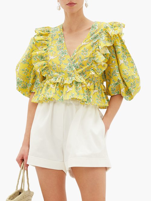 Rhode Elodie Floral-print Ruffled Cotton Cropped Top Yellow Print
