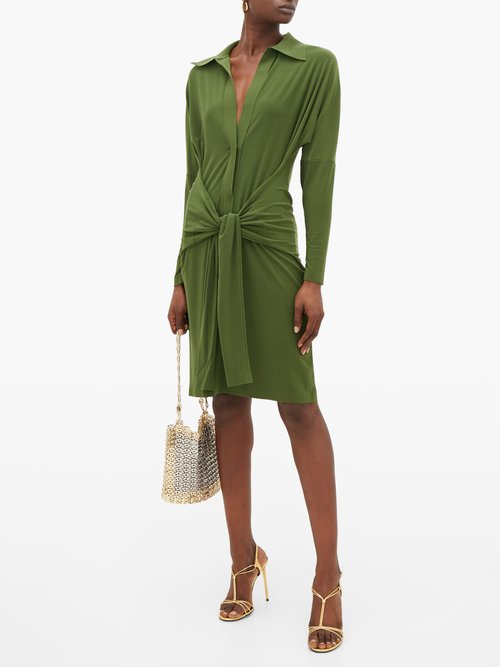 Norma Kamali Tie-waist Point-collar Jersey Dress Khaki - 40% Off Sale