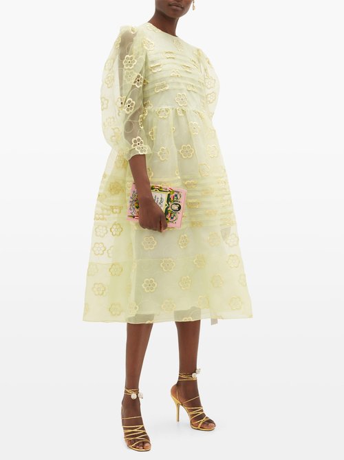 Simone Rocha Puff-sleeved Floral-embroidered Organza Dress Green - 70% Off Sale