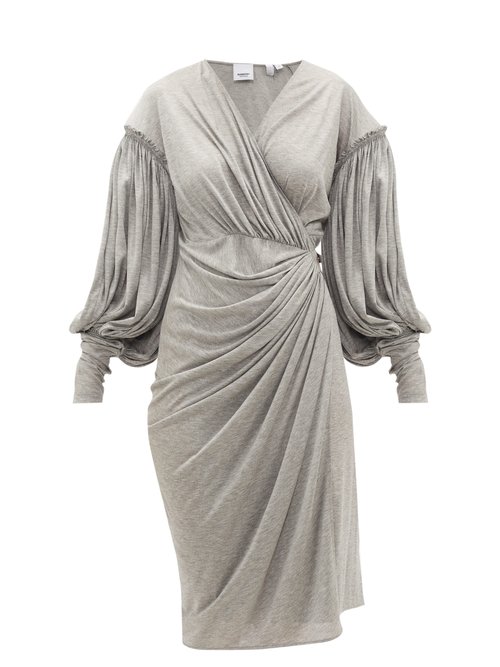Buy Burberry - Draped-front Balloon-sleeve Jersey Dress Grey online - shop best Burberry clothing sales