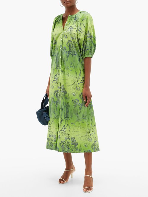 Staud Tangier Jungle-print Cotton Tunic Dress Green Print - 40% Off Sale