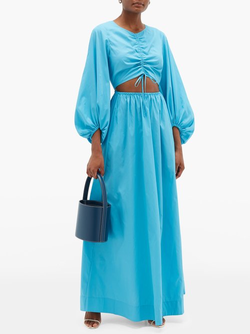 Buy Staud Vincent Cutout Ruched-front Cotton-blend Dress Blue online - shop best Staud clothing sales