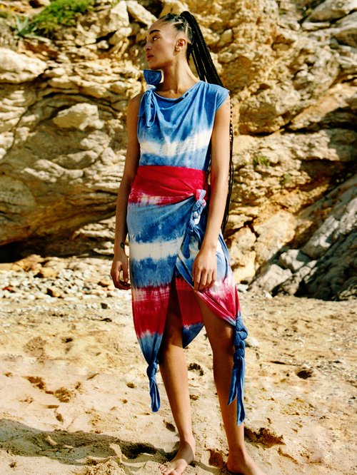 Loewe Paula's Ibiza Tie-dye Asymmetric Knotted Cotton And Silk Top Red Print