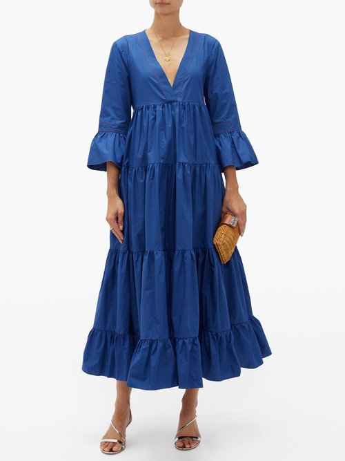 La DoubleJ Jennifer Jane Tiered Cotton-poplin Dress Blue