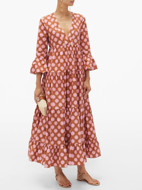 La DoubleJ Jennifer Jane Pom Pom-print Tiered Cotton Dress Pink Print