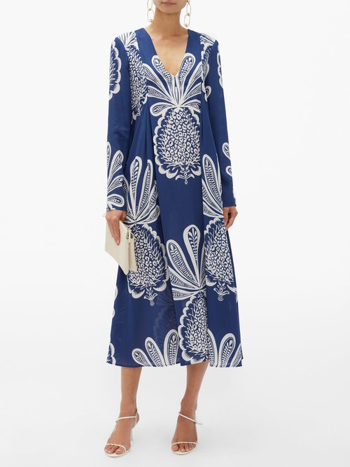 La DoubleJ V Trapezio Pineapple-print Georgette Midi Dress Blue Print