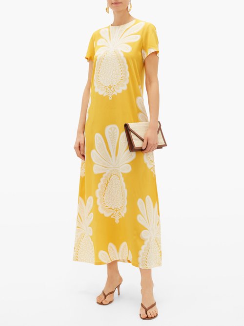 La DoubleJ Swing Big Pineapple-print Silk Dress Yellow Print