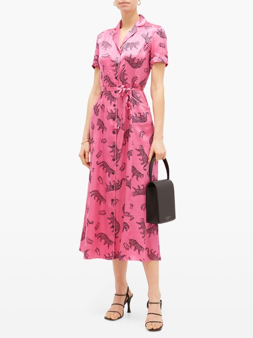 HVN Long Maria Belted Leopard-print Silk Shirt Dress Pink Print - 50% Off Sale