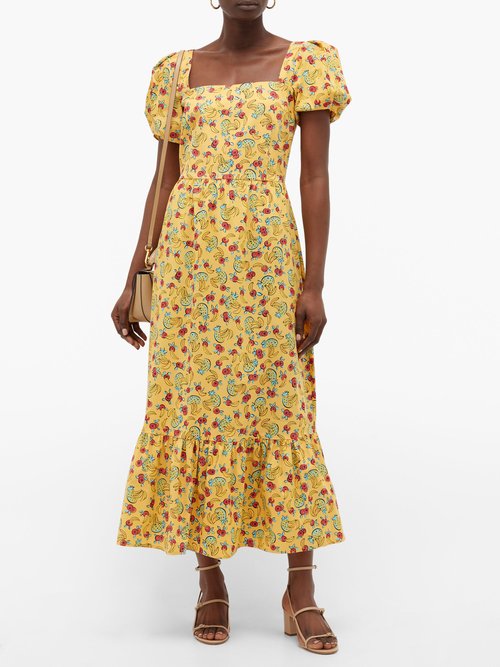 HVN Fromer Fruit-print Cotton-blend Long Dress Yellow Print - 50% Off Sale
