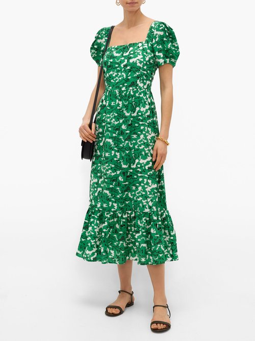 HVN Fromer Farm-print Silk-crepe Dress Green Print - 50% Off Sale