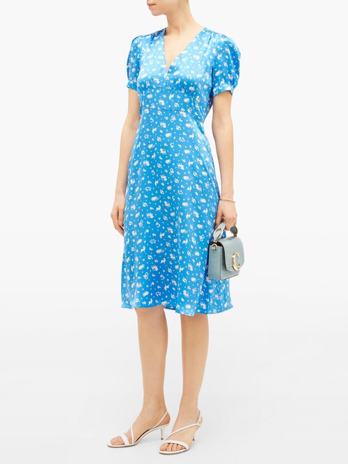 HVN Paula Zodiac-print Silk-satin Midi Dress Blue Print – 60% Off Sale