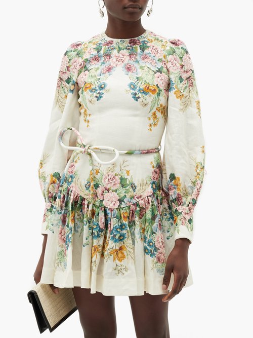Zimmermann Wavelength Floral-print Tie-waist Linen Mini Dress Cream Print