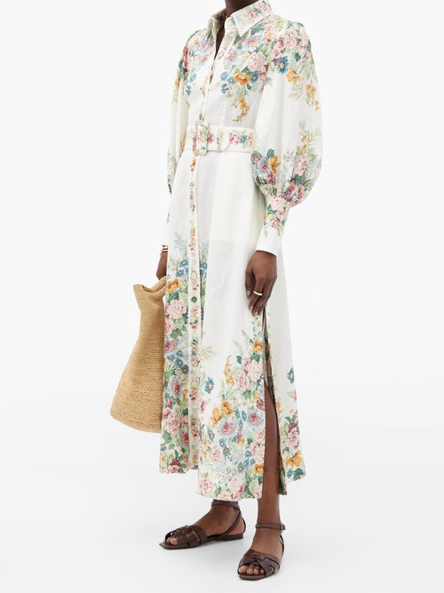 Zimmermann Wavelength Belted Floral-print Linen Midi Dress Cream Print