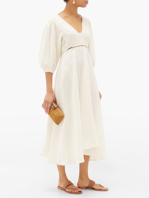 Buy Fil De Vie Market Empire-waist Linen Midi Dress Cream online - shop best FIL DE VIE clothing sales