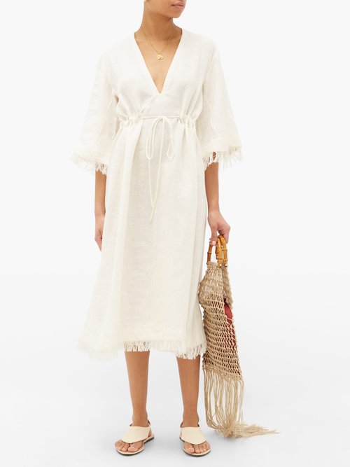 Fil De Vie Jardin Drawstring-waist Linen Midi Dress Cream