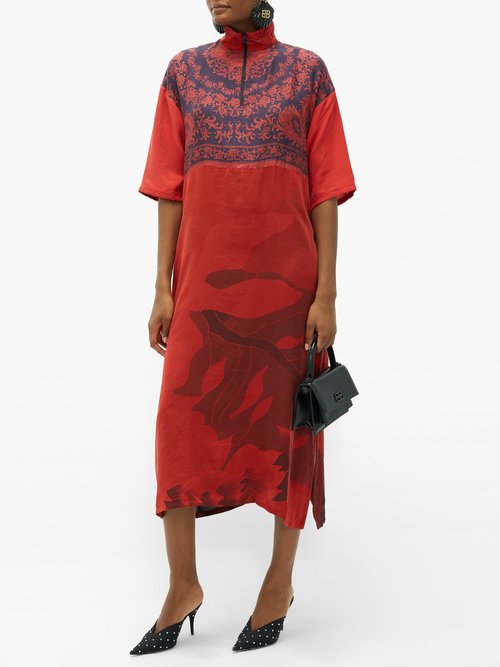 Marine Serre Zip-neck Floral-print Upcycled-silk Midi Dress Red - 50% Off Sale
