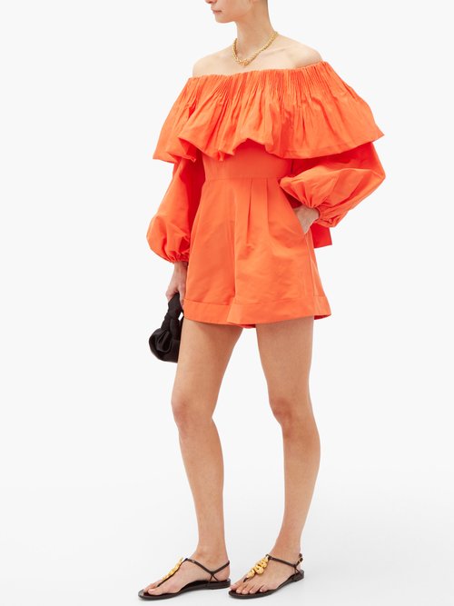 Valentino Off-the-shoulder Balloon-sleeve Faille Playsuit Orange