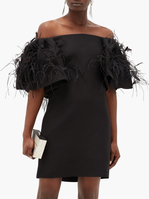 Valentino Off-the-shoulder Feather-trimmed Wool-blend Dress Black