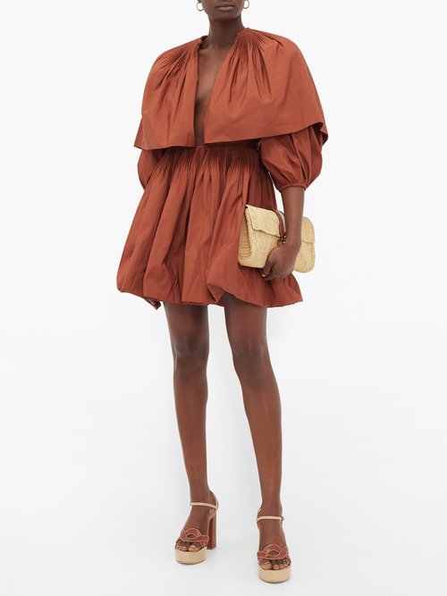 Valentino Caped V-neck Pleated Cotton-blend Mini Dress Brown - 40% Off Sale