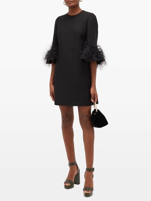 Valentino Cropped-sleeve Feather-trimmed Wool-blend Dress Black