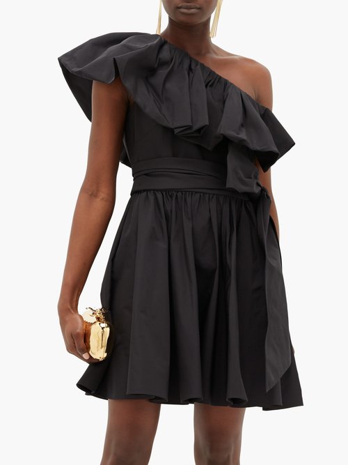Valentino Ruffled One-shoulder Cotton-blend Mini Dress Black - 40% Off Sale