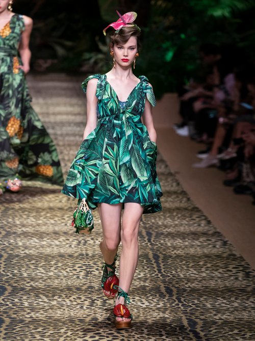 Dolce & Gabbana Tie-strap Jungle-print Cotton Mini Dress Green Multi