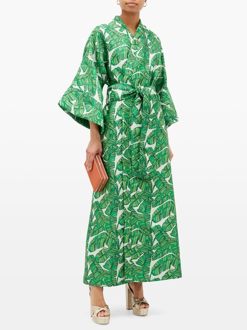 La Vie Style House No. 312 Palm Leaf-jacquard Kimono Dress Green Print