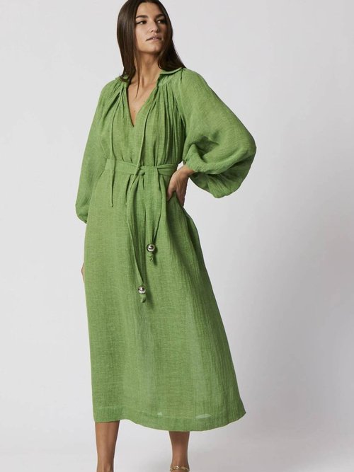 Lisa Marie Fernandez Poet Balloon-sleeved Belted Linen-blend Dress Green