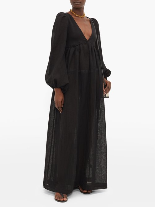 Buy Lisa Marie Fernandez Carolyn Balloon-sleeve Organic Linen-blend Dress Black online - shop best Lisa Marie Fernandez clothing sales