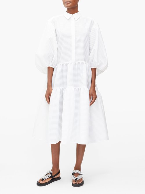 Cecilie Bahnsen Amy Tiered Striped-seersucker Shirt Dress White - 50% Off Sale