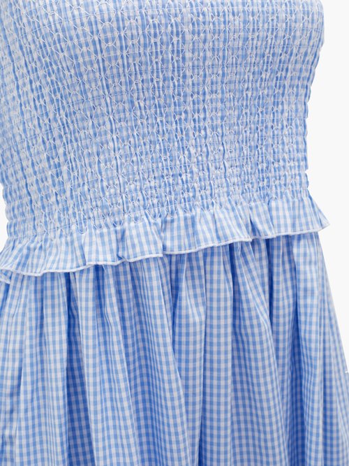 Loretta Caponi Luisa Smocked Gingham Cotton Dress Blue Print