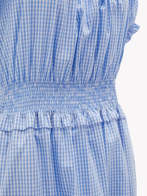 Loretta Caponi Stefiana Gingham Shirred Puff-sleeve Cotton Dress Blue Print