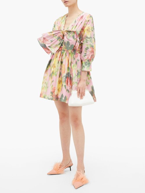 MSGM Bow-trimmed Floral-print Taffeta Mini Dress Pink Print - 60% Off Sale