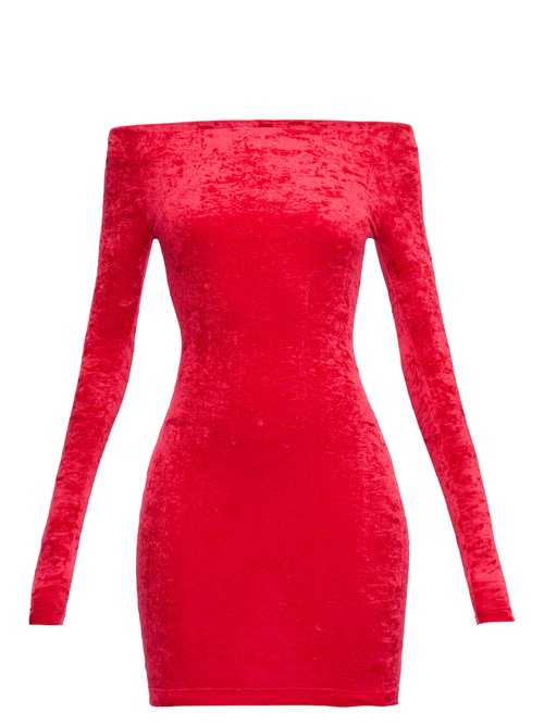 Balenciaga – Off-the-shoulder Velvet Mini Skort Dress Red