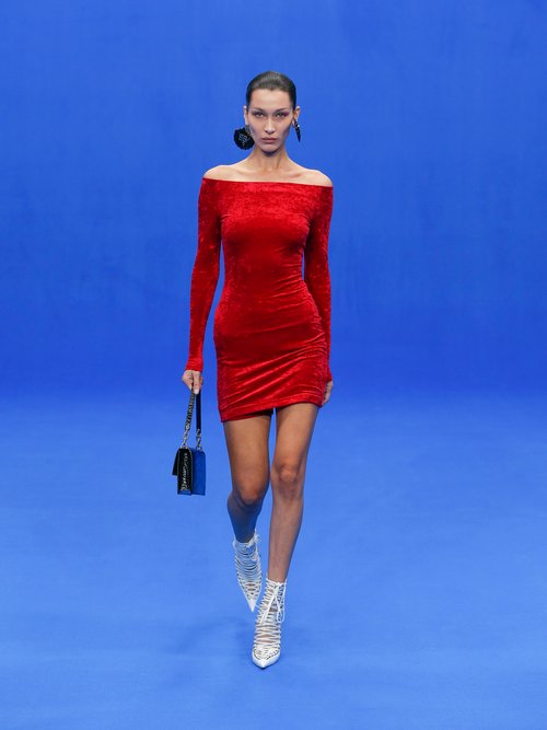 Balenciaga Off-the-shoulder Velvet Mini Skort Dress Red